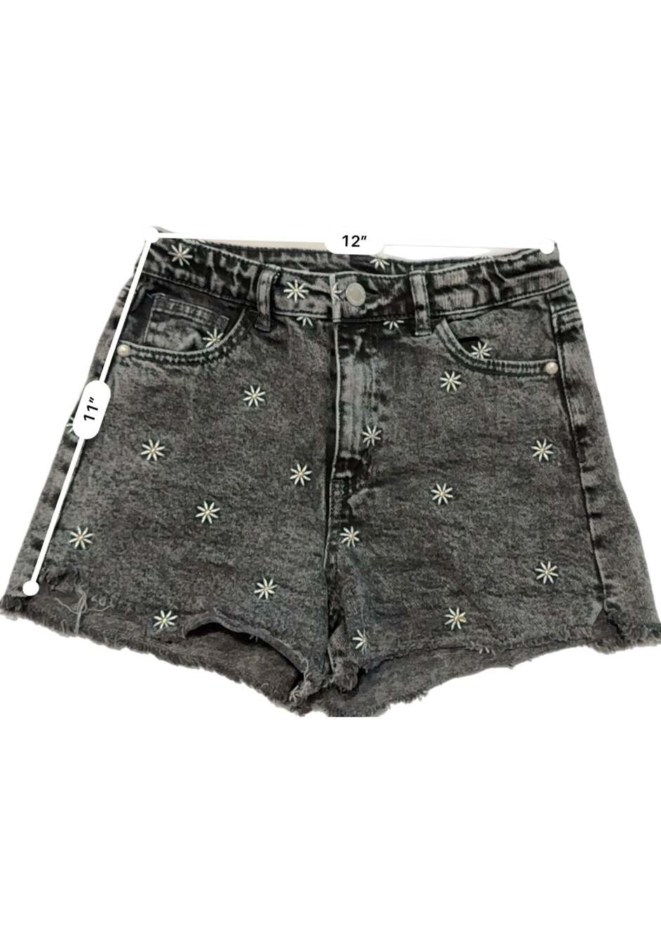 Art Class Girls Black Acid Wash Denim Shorts with Daisy Embroidery